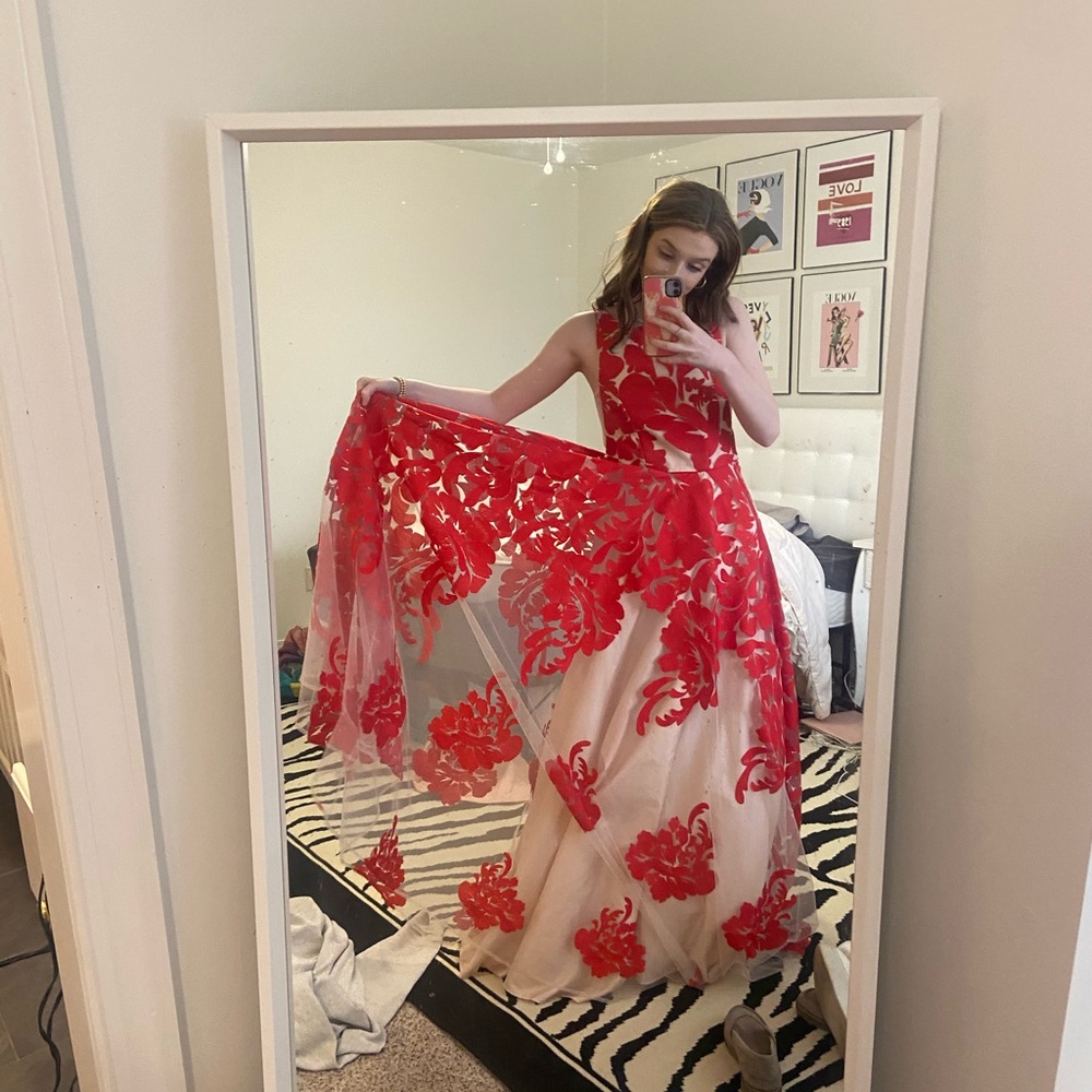 SIZE 3 NUDE MESH RED FLORAL BALL GOWN PROM DRESS